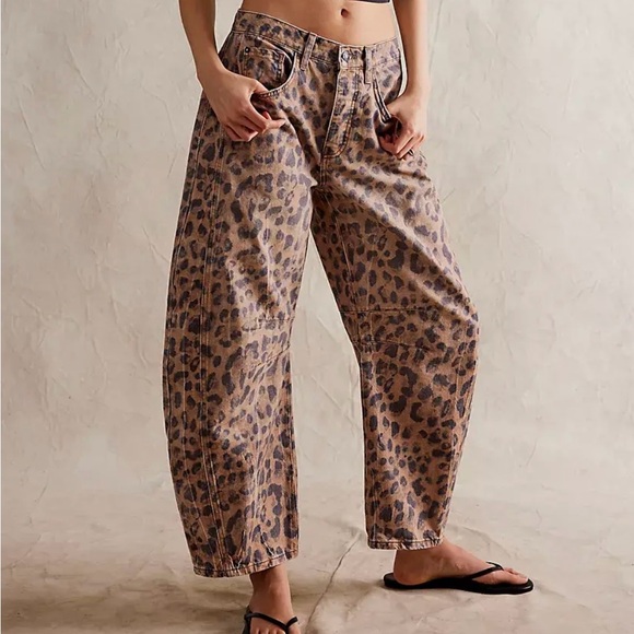 Free People Pants - Free People Leopard Print Barrel Jeans
